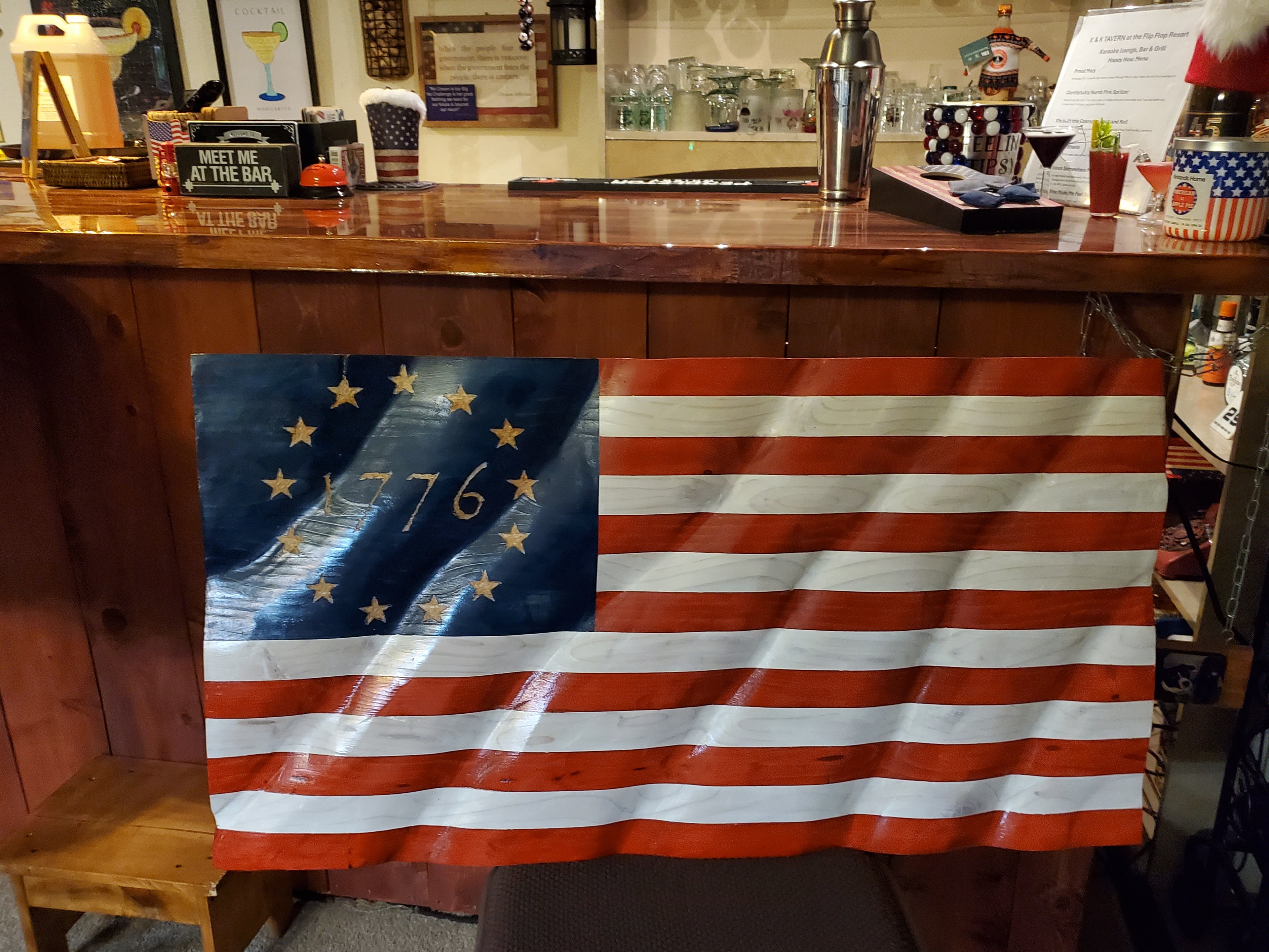 Wood carved USA 1776 wavy flag