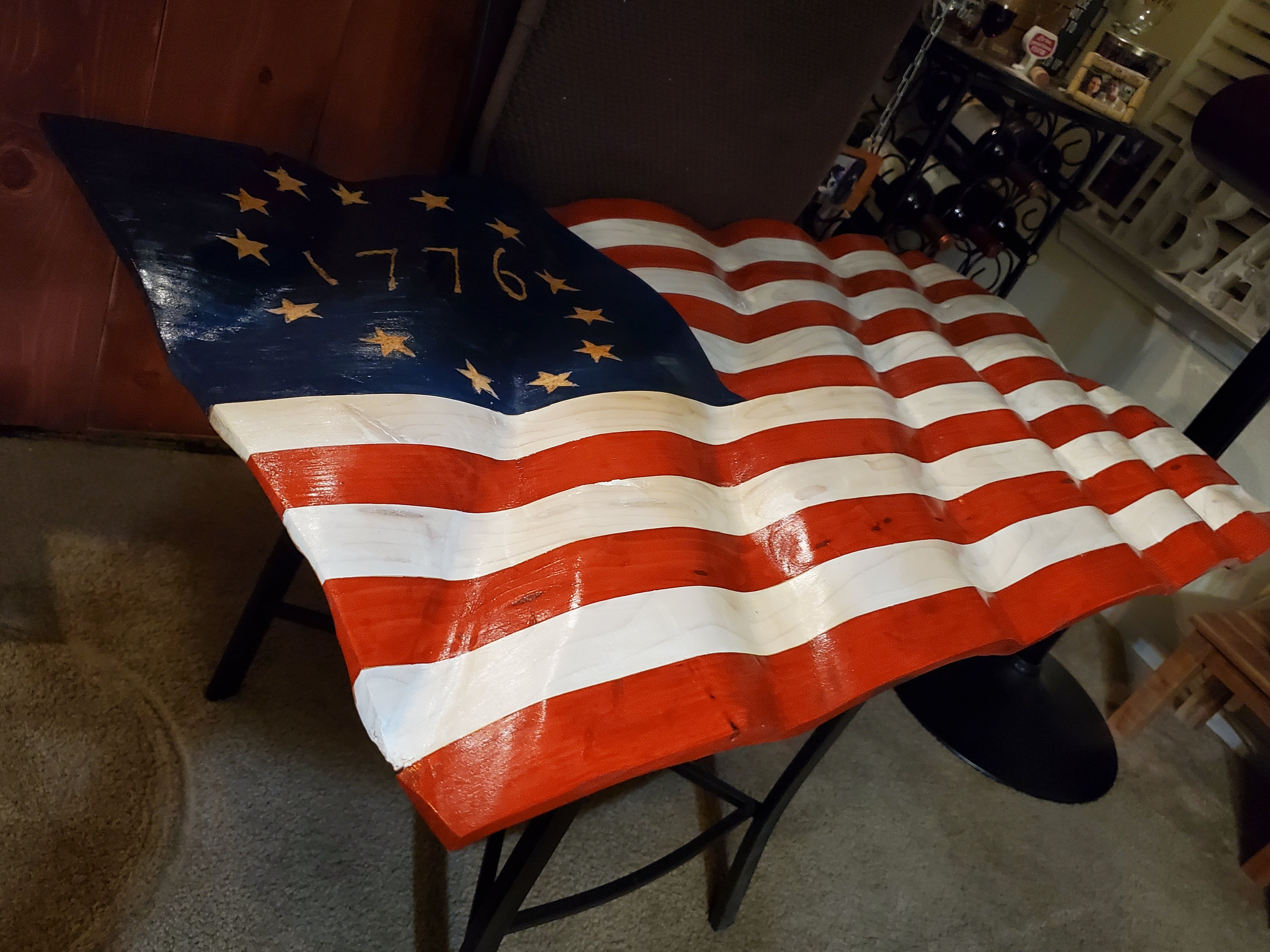 Wood carved USA 1776 wavy flag